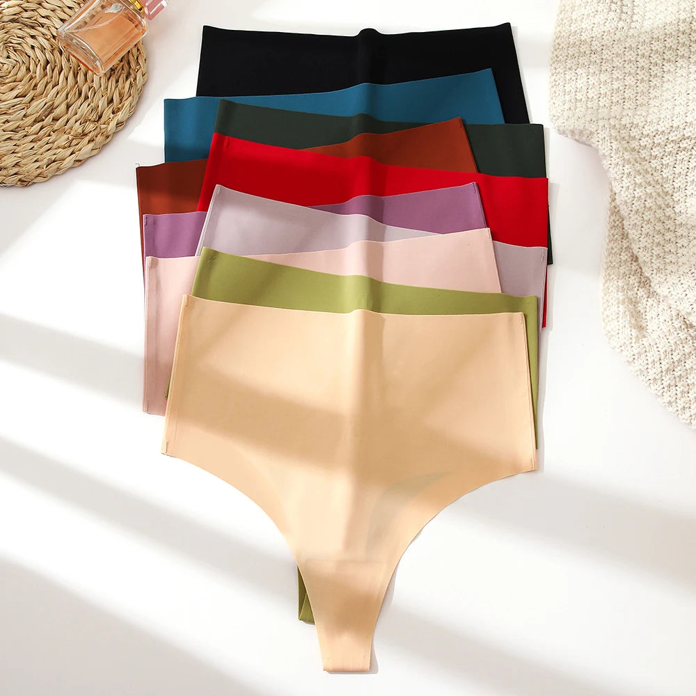 WarmSteps 10Pcs/Set High Waist Women's Thongs Panties Sexy Seamless Ice Silk Female Underwear Solid G-String Lingerie for Woman